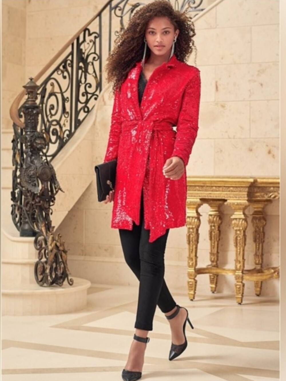 Venus Red Sequin Belted Trench Coat